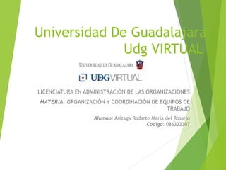 Universidad De Guadalajara
              Udg VIRTUAL

LICENCIATURA EN ADMINISTRACIÓN DE LAS ORGANIZACIONES
MATERIA: ORGANIZACIÓN Y COORDINACIÓN DE EQUIPOS DE
                                          TRABAJO
                   Alumno: Arízaga Rodarte María del Rosario
                                         Codigo: 086322307
 
