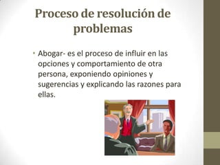Proceso de resolución de
problemas
• Abogar- es el proceso de influir en las
opciones y comportamiento de otra
persona, exponiendo opiniones y
sugerencias y explicando las razones para
ellas.

 