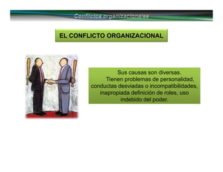 Sus causas son diversas.
Tienen problemas de personalidad,
conductas desviadas o incompatibilidades,
inapropiada definición de roles, uso
indebido del poder.
EL CONFLICTO ORGANIZACIONAL
 