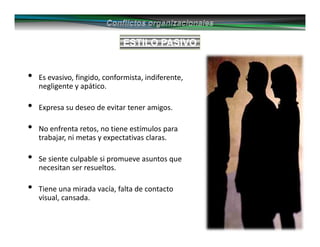 ESTILO PASIVO
• Es evasivo, fingido, conformista, indiferente,
negligente y apático.
• Expresa su deseo de evitar tener amigos.
• No enfrenta retos, no tiene estímulos para
trabajar, ni metas y expectativas claras.
• Se siente culpable si promueve asuntos que
necesitan ser resueltos.
• Tiene una mirada vacía, falta de contacto
visual, cansada.
 