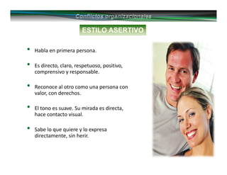 ESTILO ASERTIVO
• Habla en primera persona.
• Es directo, claro, respetuoso, positivo,
comprensivo y responsable.
• Reconoce al otro como una persona con
valor, con derechos.
• El tono es suave. Su mirada es directa,
hace contacto visual.
• Sabe lo que quiere y lo expresa
directamente, sin herir.
 