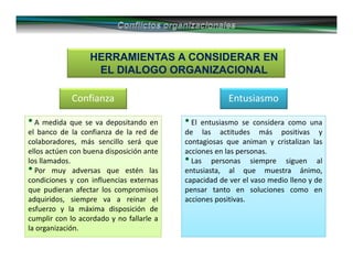 HERRAMIENTAS A CONSIDERAR EN
EL DIALOGO ORGANIZACIONAL
Confianza Entusiasmo
••El entusiasmo se considera como una
de las actitudes más positivas y
contagiosas que animan y cristalizan las
acciones en las personas.
•Las personas siempre siguen al
entusiasta, al que muestra ánimo,
capacidad de ver el vaso medio lleno y de
pensar tanto en soluciones como en
acciones positivas.
••A medida que se va depositando en
el banco de la confianza de la red de
colaboradores, más sencillo será que
ellos actúen con buena disposición ante
los llamados.
•Por muy adversas que estén las
condiciones y con influencias externas
que pudieran afectar los compromisos
adquiridos, siempre va a reinar el
esfuerzo y la máxima disposición de
cumplir con lo acordado y no fallarle a
la organización.
 