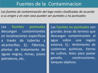 Fuentes de la Contaminacion
Las fuentes de contaminación del lago están clasificadas de acuerdo
a su origen y en este caso pueden ser puntales y no puntuales:
Las fuentes puntuales
descargan contaminantes
en localizaciones específicas
a través de tuberías y
alcantarillas. Ej.: Fábricas,
plantas de tratamiento de
aguas negras, minas, pozos
petroleros, etc.
Las fuentes no puntuales son
grandes áreas de terreno que
descargan contaminantes al
agua sobre una región
extensa. Ej.: Vertimiento de
sustancias químicas, tierras
de cultivo, lotes para pastar
ganado, construcciones,
tanques sépticos.
 