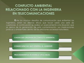 Entre los muchos desafíos de comunicación que enfrentan los
ingenieros, están los dilemas éticos que tocan sobre una serie de
cuestiones. A continuación se realiza un acercamiento a la situación que
se deriva de la generación de esta contaminación, sus implicaciones
jurídicas y ambientales dentro de las relaciones sociedad-naturaleza.
CAUSAS QUE ORIGINAN UN CONFLICTO AMBIENTAL
CONSECUENCIAS QUE GENERAL AL AMBIENTE
PROCEDIMIENTOS DE MANEJO APLICABLES
 