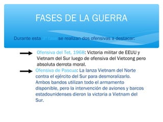 FASES DE LA GUERRA 
Durante esta 3ª fase se realizan dos ofensivas a destacar: 
Ofensiva del Tet, 1968: Victoria militar de EEUU y 
Vietnam del Sur luego de ofensiva del Vietcong pero 
absoluta derrota moral. 
Ofensiva de Pascua: La lanza Vietnam del Norte 
contra el ejército del Sur para desmoralizarlo. 
Ambos bandos utilizan todo el armamento 
disponible, pero la intervención de aviones y barcos 
estadounidenses dieron la victoria a Vietnam del 
Sur. 
 
