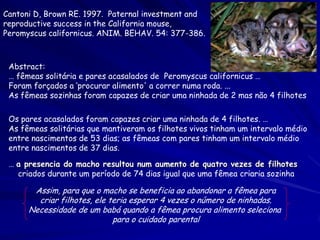 Cantoni D, Brown RE. 1997. Paternal investment and
reproductive success in the California mouse,
Peromyscus californicus. ANIM. BEHAV. 54: 377-386.



 Abstract:
 … fêmeas solitária e pares acasalados de Peromyscus californicus …
 Foram forçados a ‘procurar alimento' a correr numa roda. ...
 As fêmeas sozinhas foram capazes de criar uma ninhada de 2 mas não 4 filhotes

 Os pares acasalados foram capazes criar uma ninhada de 4 filhotes. …
 As fêmeas solitárias que mantiveram os filhotes vivos tinham um intervalo médio
 entre nascimentos de 53 dias; as fêmeas com pares tinham um intervalo médio
 entre nascimentos de 37 dias.

 … a presencia do macho resultou num aumento de quatro vezes de filhotes
   criados durante um período de 74 dias igual que uma fêmea criaria sozinha

       Assim, para que o macho se beneficia ao abandonar a fêmea para
        criar filhotes, ele teria esperar 4 vezes o número de ninhadas.
      Necessidade de um babá quando a fêmea procura alimento seleciona
                             para o cuidado parental
 