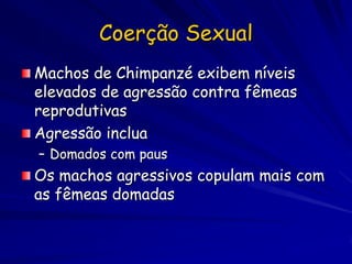 Coerção Sexual
Machos de Chimpanzé exibem níveis
elevados de agressão contra fêmeas
reprodutivas
Agressão inclua
– Domados com paus
Os machos agressivos copulam mais com
as fêmeas domadas
 