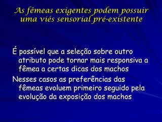 As fêmeas exigentes podem possuir
 uma viés sensorial pré-existente



É possível que a seleção sobre outro
  atributo pode tornar mais responsiva a
  fêmea a certas dicas dos machos
Nesses casos as preferências das
  fêmeas evoluem primeiro seguido pela
  evolução da exposição dos machos
 