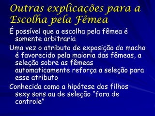 Outras explicações para a
Escolha pela Fêmea
É possível que a escolha pela fêmea é
  somente arbitraria
Uma vez o atributo de exposição do macho
  é favorecido pela maioria das fêmeas, a
  seleção sobre as fêmeas
  automaticamente reforça a seleção para
  esse atributo
Conhecida como a hipótese dos filhos
  sexy sons ou de seleção “fora de
  controle”
 