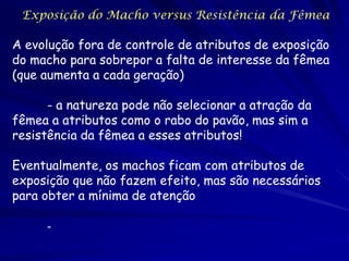 Exposição do Macho versus Resistência da Fêmea

A evolução fora de controle de atributos de exposição
do macho para sobrepor a falta de interesse da fêmea
(que aumenta a cada geração)

      - a natureza pode não selecionar a atração da
fêmea a atributos como o rabo do pavão, mas sim a
resistência da fêmea a esses atributos!

Eventualmente, os machos ficam com atributos de
exposição que não fazem efeito, mas são necessários
para obter a mínima de atenção

     -
 
