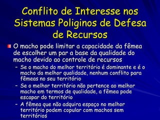 Conflito de Interesse nos
Sistemas Poliginos de Defesa
        de Recursos
O macho pode limitar a capacidade da fêmea
de escolher um par a base da qualidade do
macho devido ao controle de recursos
– Se o macho do melhor território é dominante e é o
  macho da melhor qualidade, nenhum conflito para
  fêmeas no seu território
– Se o melhor território não pertence ao melhor
  macho em termos de qualidade, a fêmea pode
  escapar do território
– A fêmea que não adquira espaço no melhor
  território podem copular com machos sem
  territórios
 