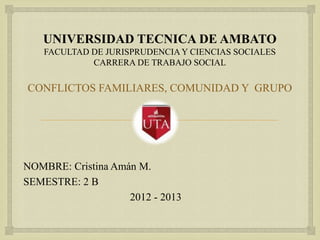 UNIVERSIDAD TECNICA DE AMBATO
    FACULTAD DE JURISPRUDENCIA Y CIENCIAS SOCIALES
             CARRERA DE TRABAJO SOCIAL

CONFLICTOS FAMILIARES, COMUNIDAD Y GRUPO


                        
NOMBRE: Cristina Amán M.
SEMESTRE: 2 B
                    2012 - 2013
 