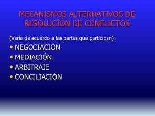 MECANISMOS ALTERNATIVOS DE
RESOLUCIÓN DE CONFLICTOS
(Varía de acuerdo a las partes que participan)
• NEGOCIACIÓN
• MEDIACIÓN
• ARBITRAJE
• CONCILIACIÓN
 
