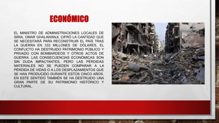 ECONÓMICO
EL MINISTRO DE ADMINISTRACIONES LOCALES DE
SIRIA, OMAR GHALAWANJI, CIFRÓ LA CANTIDAD QUE
SE NECESITARÁ PARA RECONSTRUIR EL PAÍS TRAS
LA GUERRA EN 333 MILLONES DE DÓLARES. EL
CONFLICTO HA DESTRUIDO PATRIMONIO PÚBLICO Y
PRIVADO CON BOMBARDEOS Y OTROS ACTOS DE
GUERRA. LAS CONSECUENCIAS ECONÓMICAS SON
SIN DUDA IMPACTANTES, PERO LAS PÉRDIDAS
MATERIALES NO SE PUEDEN COMPARAR A LA
PÉRDIDA DE VIDAS O A LOS DESPLAZAMIENTOS QUE
SE HAN PRODUCIDO DURANTE ESTOS CINCO AÑOS.
EN ESTE SENTIDO TAMBIÉN SE HA DESTRUIDO UNA
GRAN PARTE DE SU PATRIMONIO HISTÓRICO Y
CULTURAL.
 