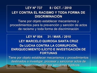 LEY Nº 004 31 / MAR. / 2010
LEY MARCELO QUIROGA SANTA CRUZ
De LUCHA CONTRA LA CORRUPCIÓN,
ENRIQUECIMIENTO ILÍCITO E INVESTIGACIÓN DE
FORTUNAS
Tiene por objeto establecer mecanismos y procedimientos
destinados a investigar, procesar y sancionar actos de
corrupción cometidos por servidores públicos
LEY Nº 737 8 / OCT. / 2010
LEY CONTRA EL RACISMO Y TODA FORMA DE
DISCRIMINACIÓN
Tiene por objeto establecer mecanismos y
procedimientos para la prevención y sanción de actos
de racismo y toda forma de discriminación
 