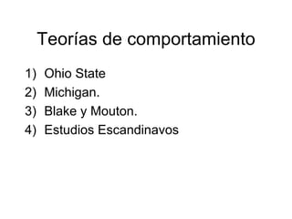 T eorías de comportamiento Ohio State Michigan. Blake y Mouton. Estudios Escandinavos 
