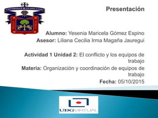 Alumno: Yesenia Maricela Gómez Espino
Asesor: Liliana Cecilia Irma Magaña Jauregui
Actividad 1 Unidad 2: El conflicto y los equipos de
trabajo
Materia: Organización y coordinación de equipos de
trabajo
Fecha: 05/10/2015
 