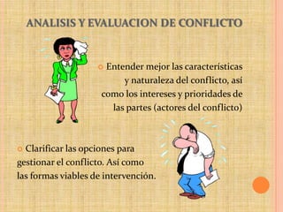 ANALISIS Y EVALUACION DE CONFLICTO
 Entender mejor las características
y naturaleza del conflicto, así
como los intereses y prioridades de
las partes (actores del conflicto)
 Clarificar las opciones para
gestionar el conflicto. Así como
las formas viables de intervención.
 
