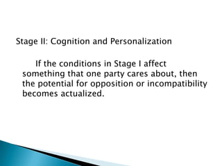 Stage II: Cognition and Personalization
If the conditions in Stage I affect
something that one party cares about, then
the potential for opposition or incompatibility
becomes actualized.

 