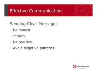 Effective Communication
Sending Clear Messages
• Be honest
• Inform
• Be positive
• Avoid negative patterns
 