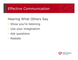 Effective Communication
Hearing What Others Say
• Show you’re listening
• Use your imagination
• Ask questions
• Restate
 
