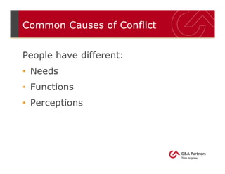 Common Causes of Conflict
People have different:
• Needs
• Functions
• Perceptions
 