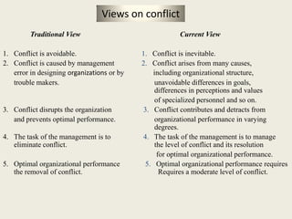 Traditional View Current View
1. Conflict is avoidable. 1. Conflict is inevitable.
2. Conflict is caused by management 2. Conflict arises from many causes,
error in designing organizations or by including organizational structure,
trouble makers. unavoidable differences in goals,
differences in perceptions and values
of specialized personnel and so on.
3. Conflict disrupts the organization 3. Conflict contributes and detracts from
and prevents optimal performance. organizational performance in varying
degrees.
4. The task of the management is to 4. The task of the management is to manage
eliminate conflict. the level of conflict and its resolution
for optimal organizational performance.
5. Optimal organizational performance 5. Optimal organizational performance requires
the removal of conflict. Requires a moderate level of conflict.
Views on conflict
 