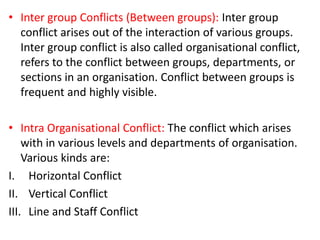 • Inter group Conflicts (Between groups): Inter group
conflict arises out of the interaction of various groups.
Inter grou...