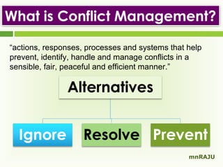 What is Conflict Management?
“actions, responses, processes and systems that help
prevent, identify, handle and manage conflicts in a
sensible, fair, peaceful and efficient manner.”

mnRAJU

 