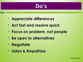 Do’s


Appreciate differences



Act fast and resolve quick



Focus on problem, not people



Be open to alternatives



Negotiate



Listen & Empathize
mnRAJU

 