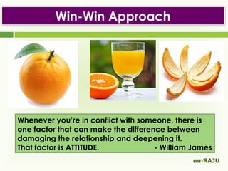 Win-Win Approach

Whenever you’re in conflict with someone, there is
one factor that can make the difference between
damaging the relationship and deepening it.
That factor is ATTITUDE.
- William James
mnRAJU

 