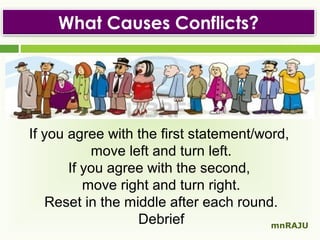 What Causes Conflicts?

If you agree with the first statement/word,
move left and turn left.
If you agree with the second,
move right and turn right.
Reset in the middle after each round.
Debrief
mnRAJU

 