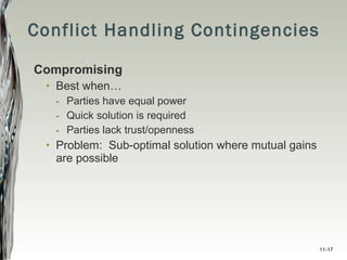 Conflict Handling Contingencies Compromising Best when… Parties have equal power Quick solution is required Parties lack trust/openness Problem:  Sub-optimal solution where mutual gains are possible 11- 