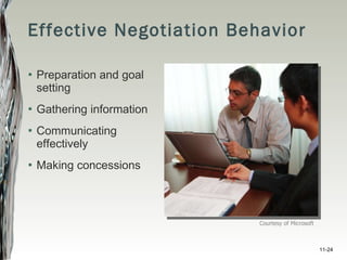 Effective Negotiation Behavior Preparation and goal setting Gathering information Communicating effectively Making concessions Courtesy of Microsoft 11- 