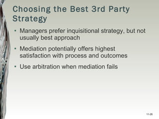 Choosing the Best 3rd Party Strategy Managers prefer inquisitional strategy, but not usually best approach Mediation potentially offers highest satisfaction with process and outcomes Use arbitration when mediation fails 11- 
