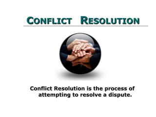 CCONFLICTONFLICT
RRESOLUTIONESOLUTION
Conflict Resolution is the process of attemptingConflict Resolution is the process of attempting
to resolve a dispute.to resolve a dispute.
 