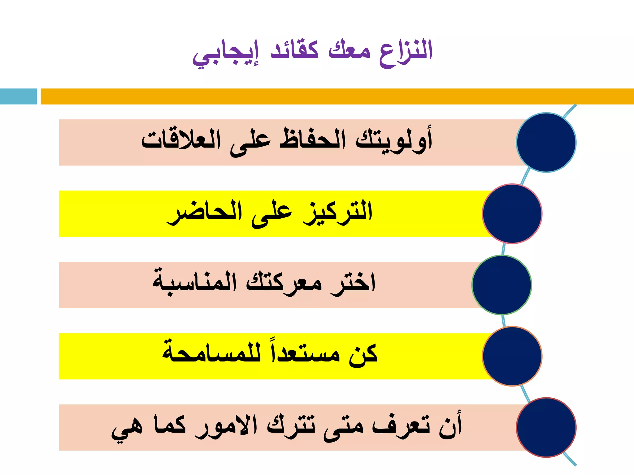 ‫إيجابي‬ ‫كقائد‬ ‫معك‬ ‫اع‬‫ز‬‫الن‬
‫العالقات‬ ‫على‬ ‫الحفاظ‬ ‫أولويتك‬
‫الحاضر‬ ‫على‬ ‫التركيز‬
‫المناسبة‬ ‫معركتك‬ ‫اختر‬
‫للمسامحة‬ ً‫ا‬‫مستعد‬ ‫كن‬
‫هي‬ ‫كما‬ ‫االمور‬ ‫تترك‬ ‫متى‬ ‫تعرف‬ ‫أن‬
 
