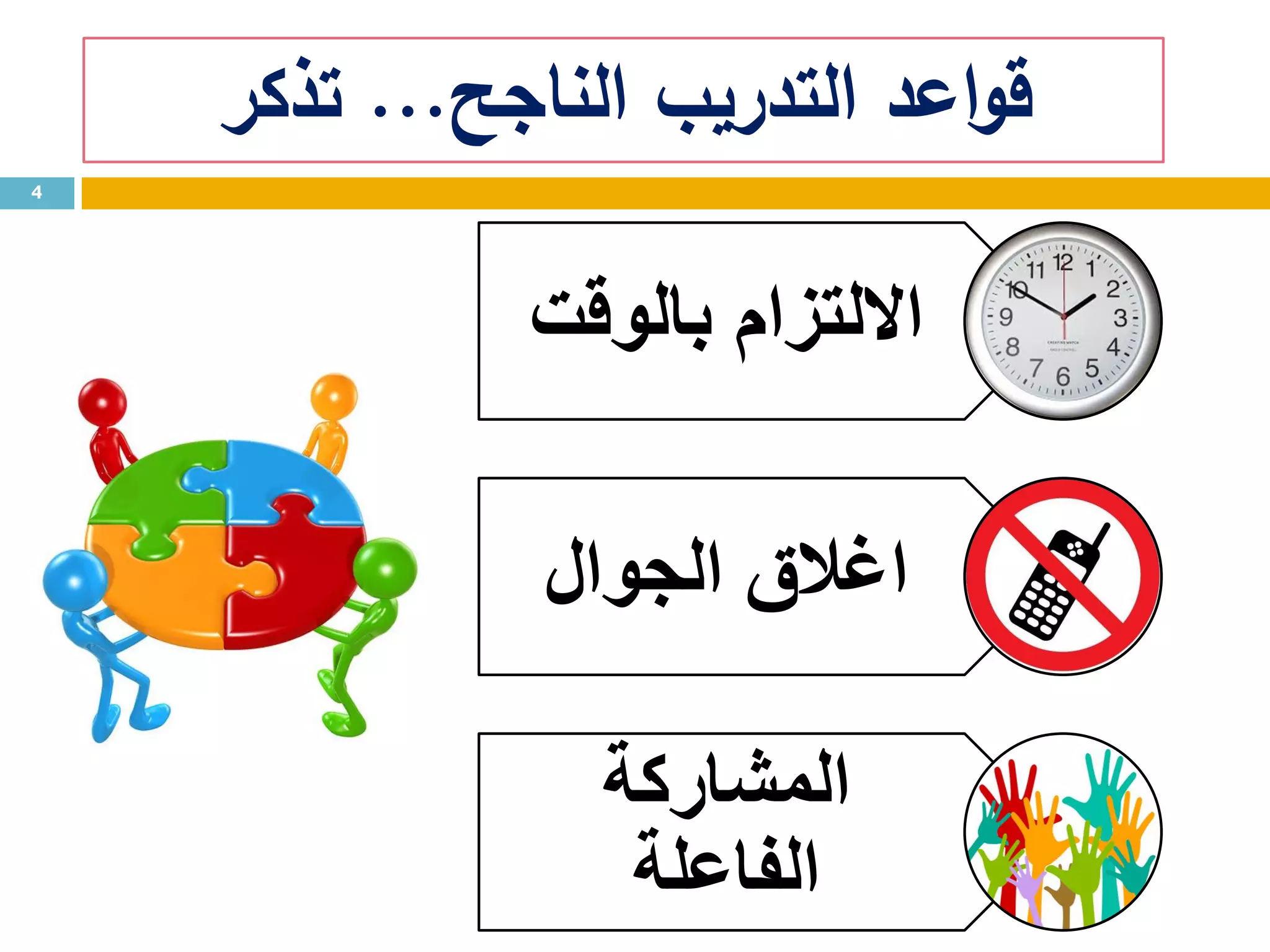 ‫الناجح‬ ‫التدريب‬ ‫اعد‬‫و‬‫ق‬...‫تذكر‬
4
‫بالوقت‬ ‫االلتزام‬
‫الجوال‬ ‫اغالق‬
‫المشاركة‬
‫الفاعلة‬
 