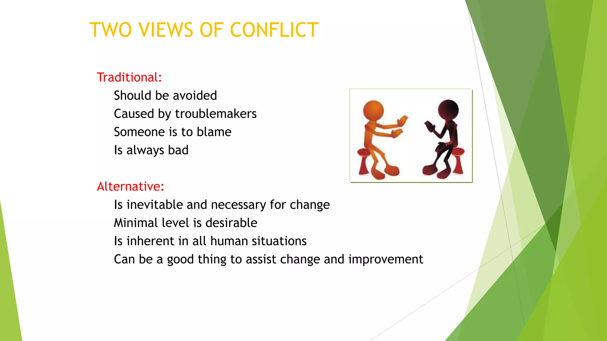 Traditional:
• Should be avoided
• Caused by troublemakers
• Someone is to blame
• Is always bad
Alternative:
• Is inevitable and necessary for change
• Minimal level is desirable
• Is inherent in all human situations
• Can be a good thing to assist change and improvement
TWO VIEWS OF CONFLICT
 