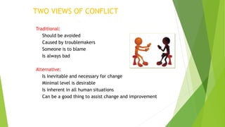 Traditional:
• Should be avoided
• Caused by troublemakers
• Someone is to blame
• Is always bad
Alternative:
• Is inevitable and necessary for change
• Minimal level is desirable
• Is inherent in all human situations
• Can be a good thing to assist change and improvement
TWO VIEWS OF CONFLICT
 