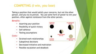 • Taking a position that would satisfy your concerns, but not the other
person, and you try to prevail. You use some form of power to win your
position, often against resistance from the other person.
• Benefits:
• Asserting your position
• Possibility of quick victory
• Self-defence
• Testing assumptions
• Costs:
• Strained work relationships
• Suboptimal decisions
• Decreased initiative and motivation
• Possible escalation and deadlock
COMPETING (I win, you lose)
 