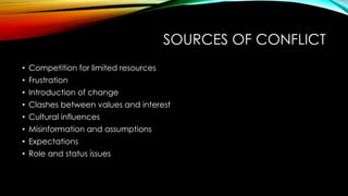 SOURCES OF CONFLICT
• Competition for limited resources
• Frustration
• Introduction of change
• Clashes between values and interest
• Cultural influences
• Misinformation and assumptions
• Expectations
• Role and status issues
 
