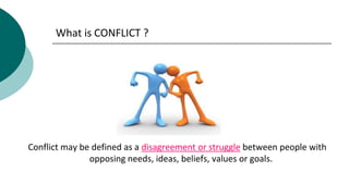 What is CONFLICT ?
Conflict may be defined as a disagreement or struggle between people with
opposing needs, ideas, beliefs, values or goals.
 
