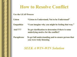 How to Resolve Conflict
Use the LEAP Process
Listen “Listen to Understand, Not to be Understood”
Empathize “I can imagine why you might be feeling that way.”
Ask???? To get clarification to determine if there is some
underlying motive for the conflict?
Paraphrase To get full understanding and to ensure person that
you were truly listening
SEEK A WIN-WIN Solution
 