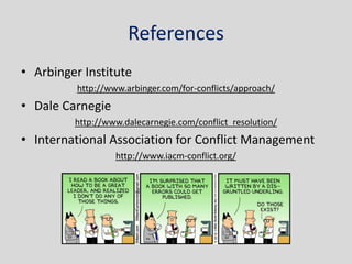 References
• Arbinger Institute
          http://www.arbinger.com/for-conflicts/approach/
• Dale Carnegie
         http://www.dalecarnegie.com/conflict_resolution/
• International Association for Conflict Management
                   http://www.iacm-conflict.org/
 