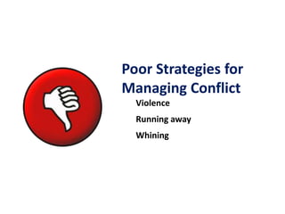 Poor Strategies for
Managing Conflict
Violence
Running away
Whining
 