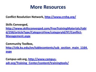 More Resources
Conflict Resolution Network, http://www.crnhq.org/
Skills Converged,
http://www.skillsconverged.com/FreeTrainingMaterials/tabi
d/258/articleType/CategoryView/categoryId/97/Conflict-
Management.aspx
Community Toolbox,
http://ctb.ku.edu/en/tablecontents/sub_section_main_1164.
aspx
Campus-adr.org, http://www.campus-
adr.org/Training_Center/content/trainingtools/
 