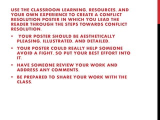 USE THE CLASSROOM LEARNING, RESOURCES, AND 
YOUR OWN EXPERIENCE TO CREATE A CONFLICT 
RESOLUTION POSTER IN WHICH YOU LEAD THE 
READER THROUGH THE STEPS TOWARDS CONFLICT 
RESOLUTION. 
 YOUR POSTER SHOULD BE AESTHETICALLY 
PLEASING, ILLUSTRATED, AND DETAILED. 
 YOUR POSTER COULD REALLY HELP SOMEONE 
AVOID A FIGHT, SO PUT YOUR BEST EFFORT INTO 
IT. 
 HAVE SOMEONE REVIEW YOUR WORK AND 
ADDRESS ANY COMMENTS. 
 BE PREPARED TO SHARE YOUR WORK WITH THE 
CLASS. 
 
