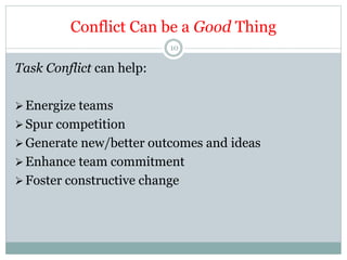 Conflict Can be a Good Thing
10
Task Conflict can help:
Energize teams
Spur competition
Generate new/better outcomes and ideas
Enhance team commitment
Foster constructive change
 