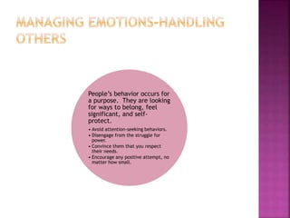 People’s behavior occurs for
a purpose. They are looking
for ways to belong, feel
significant, and self-
protect.
• Avoid attention-seeking behaviors.
• Disengage from the struggle for
power.
• Convince them that you respect
their needs.
• Encourage any positive attempt, no
matter how small.
 